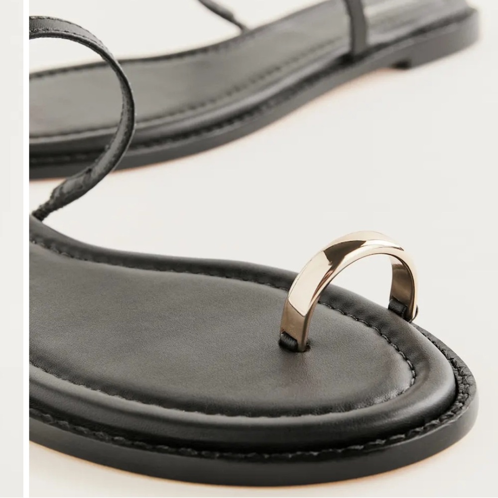 Reformation Cassandra Black Leather Flat Sandals with Gold Toe Accents size 5 - Picture 6 of 15